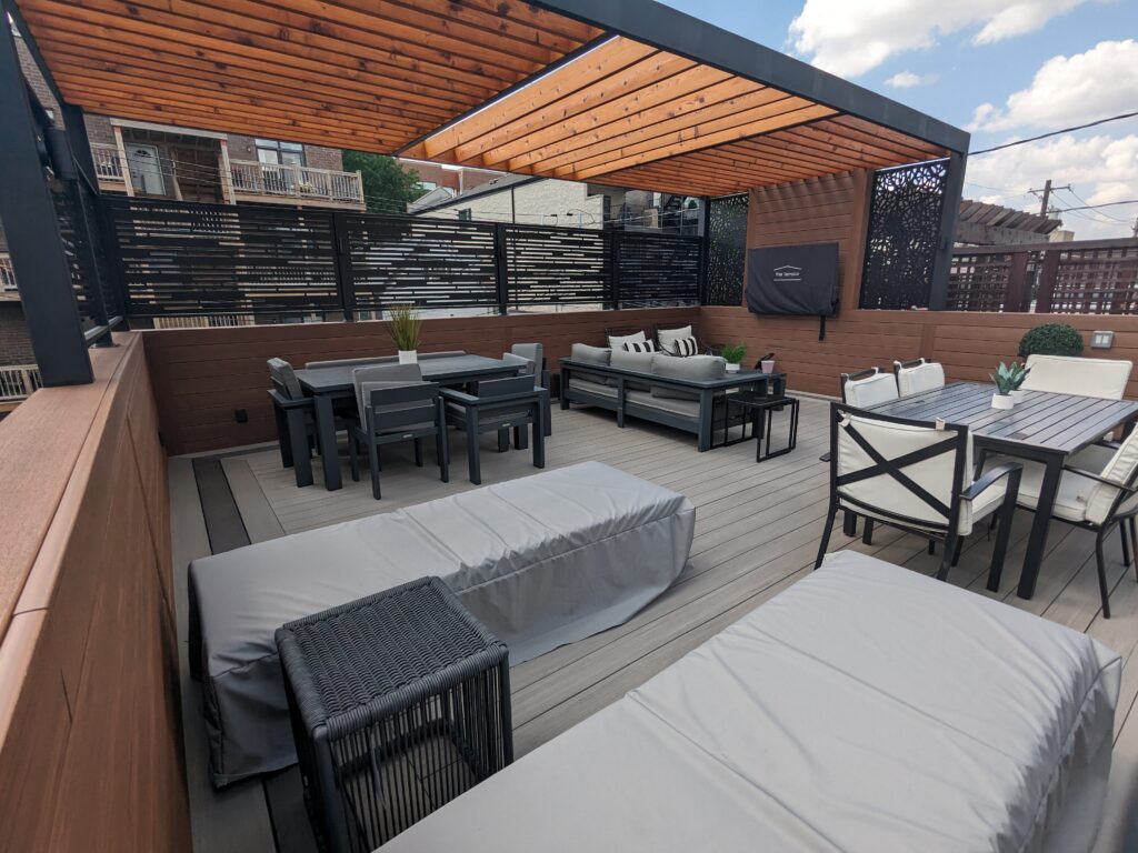 chicago deck with pergola and furniture